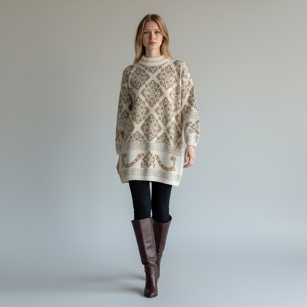 Vintage Dana Scott Women’s Gold Cream Knit Sweater Tunic Large